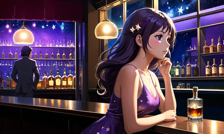 Uses Makoto Shinkai&#39;s depiction perfectly,Portrait of Halie Loren,8k 4k masterpiece photo ,Tokyo,A jazz bar with a glass ceiling,The twinkling stars can be seen through the glass windows.,It&#39;s a dark night outside,Jazz is playing,Beautiful in profi...