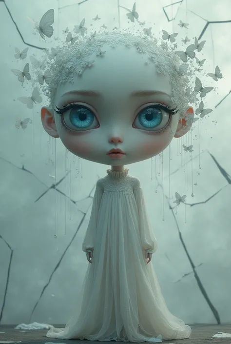 Girl standing, all grey, left eye blue pupils, right eye butterflies, broken mirror, 