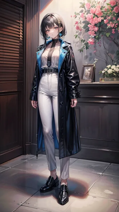 ((True best masterpiece, Ultimately perfect quality, Extremely delicate details)), A black hair girl wears a blue leather long coat, Wearing a pants, Full body