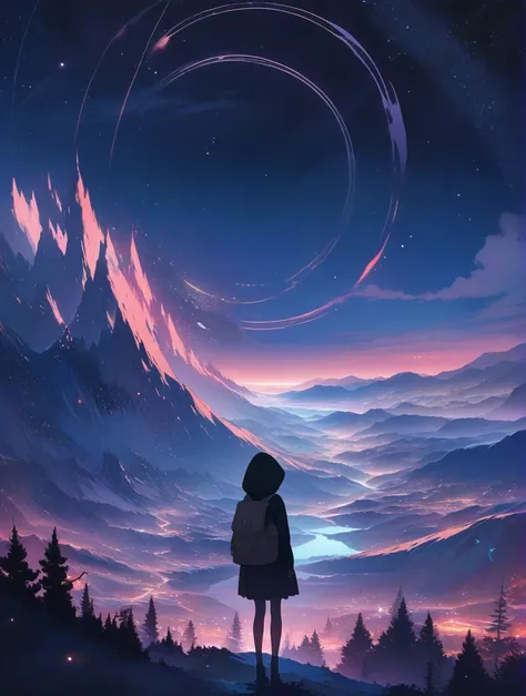 score_9, score_8_up, score_7_up, score_anime, masterpiece, top quality, delicate illustration, sharp lines, sharp focus, BREAK,Traveler girl wandering in the endless night world,girl wearing a hood,backpack full of stuff,night Otherworldly, Fantastic scene...