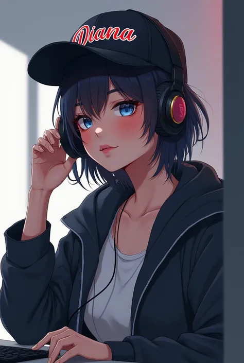 Gamer girl with short tomboy hair wearing a cap that says Diana listening to music