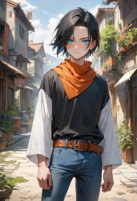 A masterpiece, best quality, detailed and expressive eyes, perfect facial features, high resolution, 1 boy, alone, android 17-inspired boy, (male body:1.3), blue eyes, black hair, parted hair, short hair, black shirt, jeans, layered shirt, white sleeves, o...