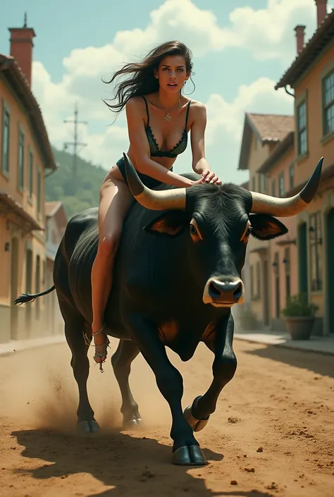 surreal photo, town scene, a sexy woman with a scared face is riding a mad bull, the bull wants to throw the woman to the ground, 16:9 ratio