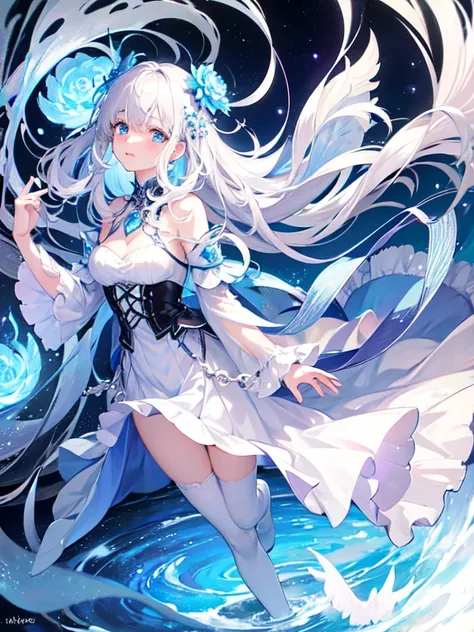 Heterochromia iridis、beautiful、ephemeral、Silver Marble Skin、hope、Highest quality、masterpiece、landscape、Magical atmosphere、Blue theme、crystal flower、Extend your hand to the sky、pastel colour、Sunken eyes、General people、Dark atmosphere、White background