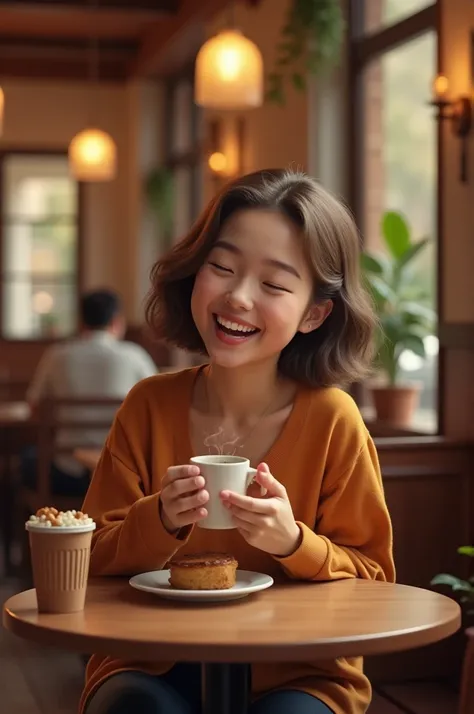 About and a girl laughing and having coffee in an restaurant.