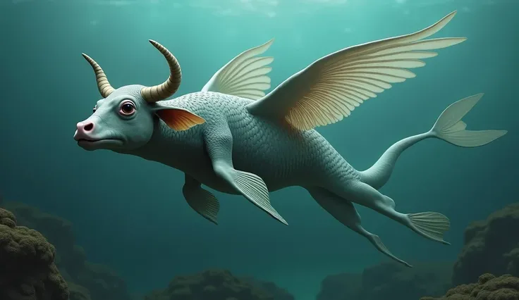 There is a creature growing underwater，It has the body of a fish, the head of a cow and the tail of a snake.，Wings growing from the ribs（best quality，4K，8k，High level，masterpiece：1.2），Ultra Detailed，（lifelike，Photo real，Photo real：1.37）