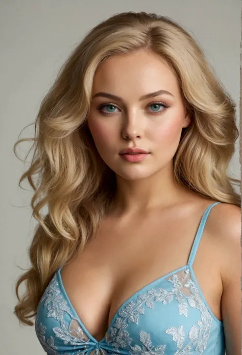 Create a highly realistic, stunning female model with a youthful, 2 appearance and a voluptuous body. The model should embody the classic beauty of Russian heritage, featuring fair, clear skin, high cheekbones, full lips, and striking light blue or green e...