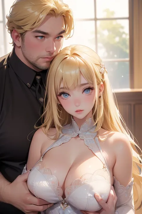 (Ultra-high resolution:1.2),(highest detailed and skin:1.3),(Extremely detailed and beautiful eyes:1.2),transformation、(((1人のBlonde美女 and 1人,A woman in love and a fat man,Fat man groping woman&#39;s breasts 、A beautiful, cute girl hugs a fat man and has he...