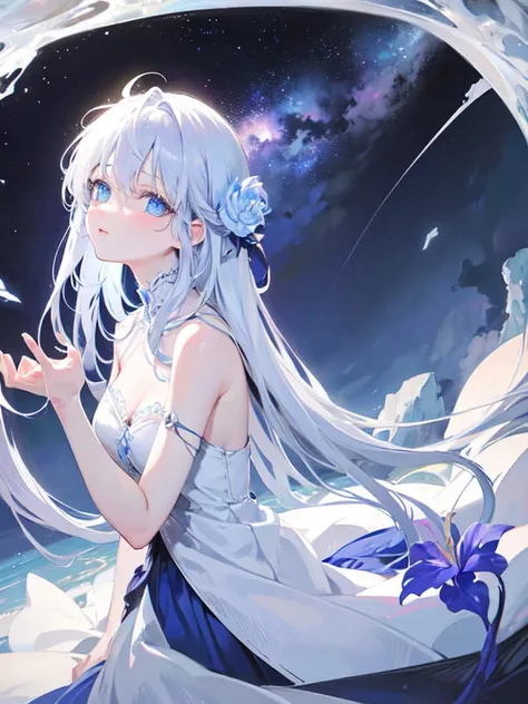 Iris heterochromatic、beautiful、ephemeral、Silver Marble Skin、hope、Highest quality、masterpiece、landscape、Magical atmosphere、Blue theme、Extend your hand to the sky、Sunken eyes、General people、Dark atmosphere、White background