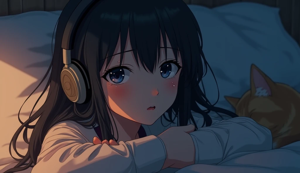 Perfect image, 8k、night、dim、high school girl、Mature、Big Breasts、sweat、Using headphones、bed、Cat、 2D-style animation, Lo-Fi、Retro、Emotional、Anime style illustrations