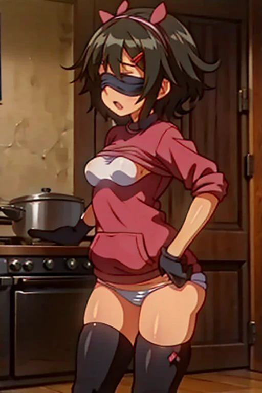 girl in a panty, wearing oven mittens tucked in pockets, blindfold
