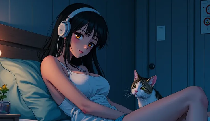 Perfect image, 8k、night、dim、high school girl、Mature、Being Calm、Big Breasts、sweat、Using headphones、bed、Cat、 2D-style animation, Lo-Fi、Retro、Emotional、Anime style illustrations