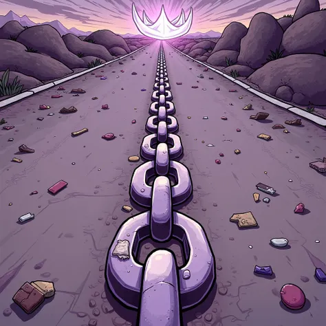 Purple chain thrown on a road, a white crown floating on the currents, pieces of debris on the road