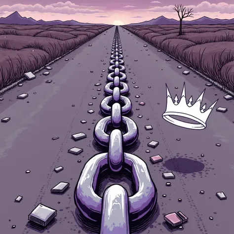 Purple chain thrown on a road, a white crown floating on the currents, pieces of debris on the road