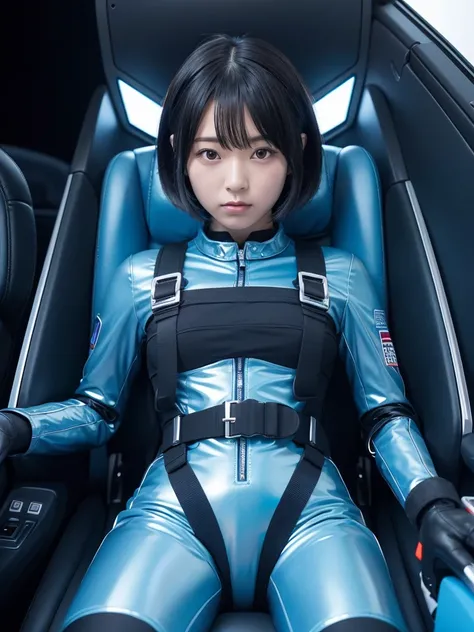 Japanese female android,Black Hair,Space capsule,The person is completely secured in the seat with the backrest reclined by a thick harness belt.,Plump,Spread your legs,Squat,Light blue shiny robot suit,Surrounded by switches and monitors,