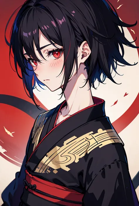 anime boy, thin with a dark colored kimono, blushing, with black hair and bright red eyes