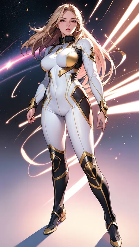 A athletic gorgeous woman, Normal breasts, Solo, White skin, Pink eyes, long blonde hair, wearing a skintight clothing army armor outfit with the colors white, black and gold, style super hero, standing, action pose, space uniform, Uniform tight to the bod...