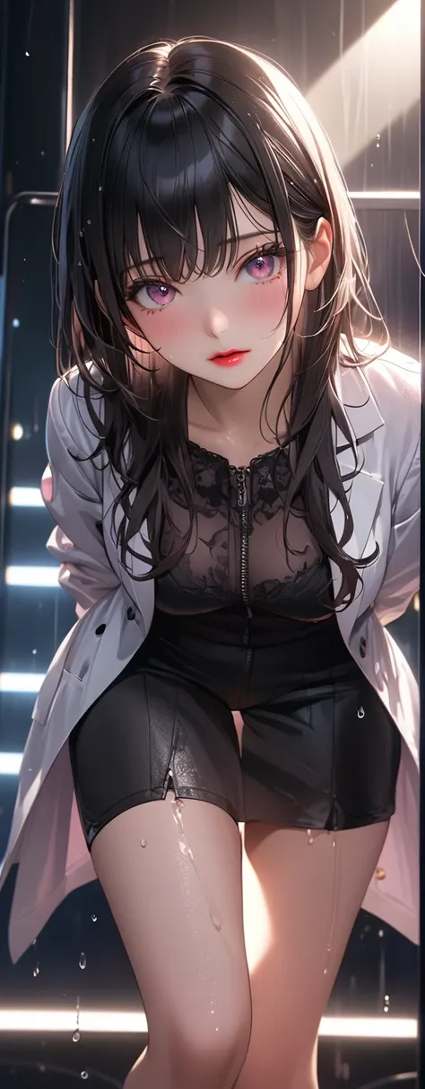 Bangs,Black Hair,(Light pink lab coat),Looks , (beautiful girl: 1.3),A girl,best quality,8K,Highly detailed CG unit wallpaper,masterpiece:1.2,best quality,Ultra-high resolution,RAW photos,Realistic textured skin,Cinema Lighting,Sparkling eyes,big eyes,Deli...