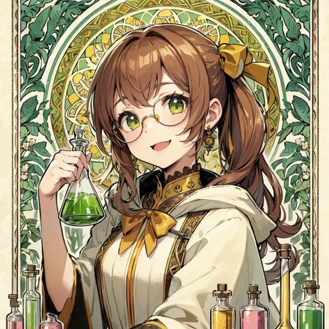 absurdres, best quality, fine detailed, 8k, anime coloring, 1girl, Brown hair, green eyes, ponytail, white gothic fantasy robe, yellow ribbon, smile, ribbon hair ornament, glasses, earrings, hood, yellow collar, beaker, flask, laboratory equipment, Mucha s...