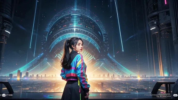 A close-up of Ruby, a young Javanese woman with long hair in a high ponytail, age 24, wearing a green-striped jacket. She is standing in front of a holographic map displaying strategic points, her expression serious and determined, with a futuristic city i...