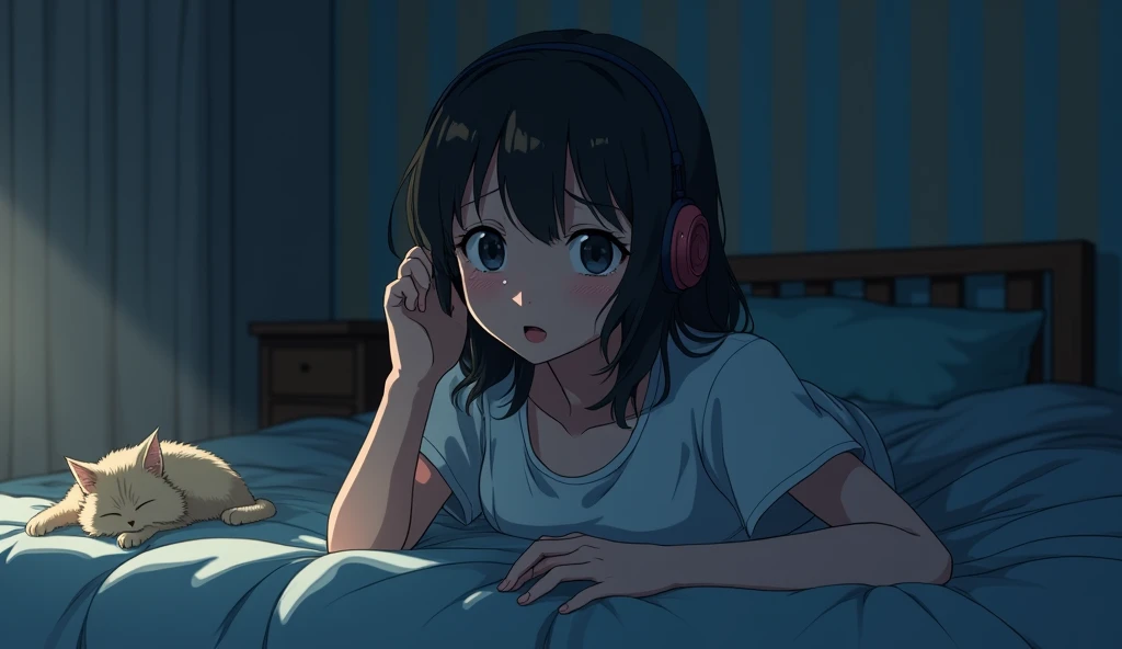 Perfect image, 8k、night、dim、high school girl、Mature、sweat、Using headphones、bed、Cat、 2D-style animation, Lo-Fi、Retro、Anime style illustrations