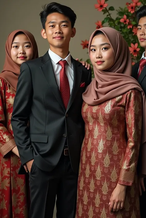 Portrait of young Indonesian man 18 years old wearing a suit and young Indonesian woman 1 wearing a luxurious kebaya and hijab and a  man wearing a suit and a  girl wearing a luxurious kebaya and hijab sitting in a photo studio room,there are flower decora...