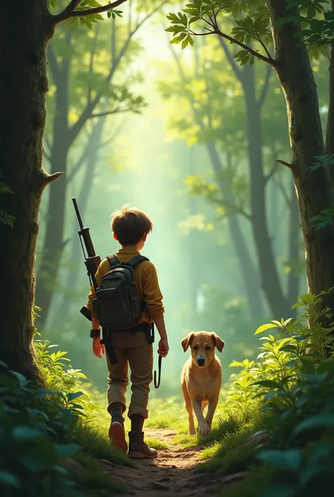 boy hunting in the woods with a little dog

