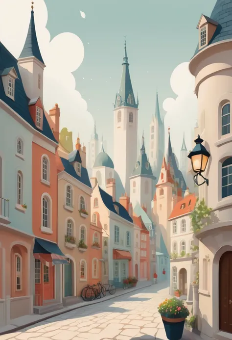 A whimsical cityscape, with charming buildings and a light, airy feel,  simple background