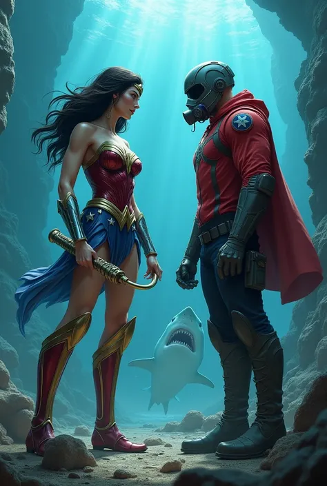 Wonder woman, big breasts, perfect body, Busty & kid Star-Lord with red hoodie, Rocket boots, headphones, star-lord helmet, gas helmet, Covered mouth, Round & red eyes, ocean floor, underwater, Fighting with Shark, power, blood, Kick, Attack, magic rings i...