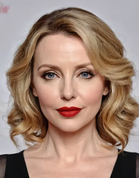 A waist-up portrait of a beautiful female whose facial features are a combination of Julie Delpy + Kylie Minogue. The female has lovely makeup on her face. The female wears red lipstick. Symmetrical eyes. Symmetrical face. Lovely details. Photorealistic. F...