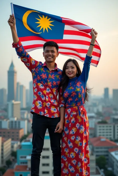 A photography of malay couple is wearing Malaysia flag clothes design, standing on the top of the building at city centre, holding a Malaysia flag 