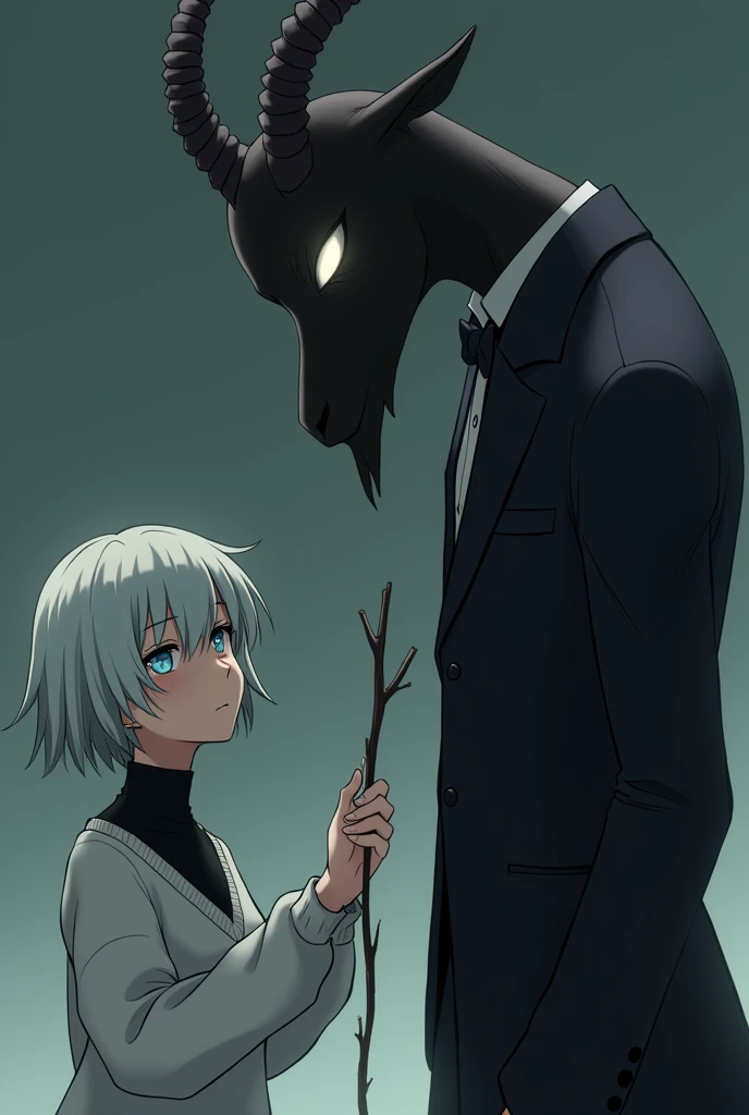 Anime Style Characters:
On the right is a large, dark figure resembling an anthropomorphic goat with demonic features.. It has a completely black body, delgado, and no visible facial details, except for his bright white eyes that stand out on his gloomy fa...