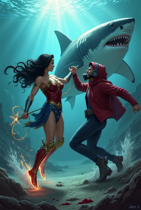 Wonder woman, big breasts, perfect body, Busty & kid Star-Lord with red hoodie, Rocket boots, headphones, star-lord helmet, gas helmet, Covered mouth, Round & red eyes, ocean floor, underwater, Fighting with Shark, power, blood, Kick, Attack, magic rings i...