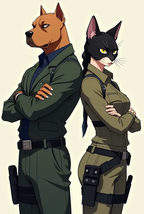 "Create an image anime of Mr. and Mrs. Smith, but with a twist: Mr. Smith has the face of a dog pitbull, and Mrs. Smith has the face of a cat siamesa. They are standing back-to-back with their arms crossed, both looking serious. They are dressed in camoufl...