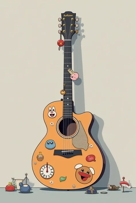 I&#39;m inventing a guitar with stickers and keychains, but I have no idea what to put as a combination of keychains and stickers, There you have created an image of a guitar not too exaggerated a minimalist style so I can have an idea to decorate my guita...