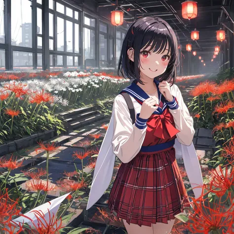 masterpiece、Bold, anime-style illustration、Dense painting、Horror taste、dusk、Cinematic lighting、Front camera angle、A field of red spider lilies、High school girl standing in flower garden、Beautiful girl、Invincible Smile、stylish、short hair、Short sailor suit、C...