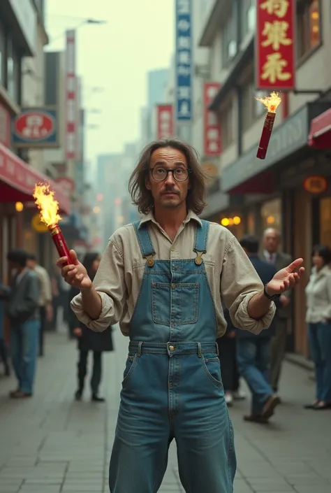 A man with long hair and very old-fashioned glasses is juggling a stick of dynamite with a fuse.、Denim jumper and jeans、Performance at a pedestrianized shopping arcade in Japan in the 1960s