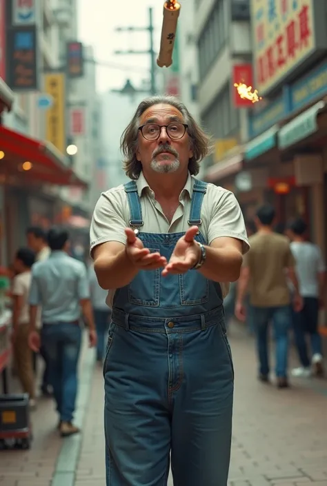 A man with long hair and very old-fashioned glasses is juggling a stick of dynamite with a fuse.、Denim jumper and jeans、Performance at a pedestrianized shopping arcade in Japan in the 1960s