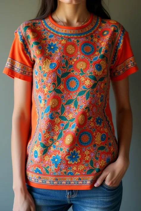 A tshirt with phulkari punjabi print , rectangle sized 
