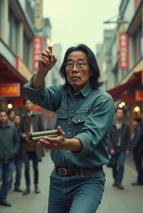 A long-haired Japanese man wearing very old-fashioned glasses is juggling a stick of dynamite with a fuse.、Denim jumper and jeans、Performance at a pedestrianized shopping arcade in Japan in the 1960s