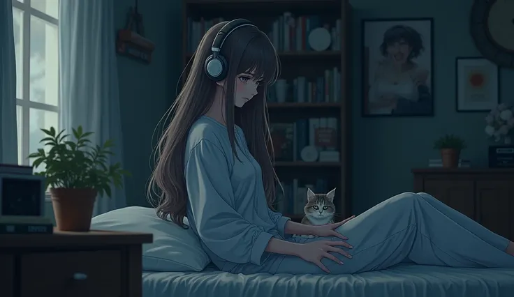 8k、night、dim、female、Mature、long hair、sweat、Using headphones、bed、Cat、 2D-style animation, Lo-Fi、Retro、Anime style illustrations