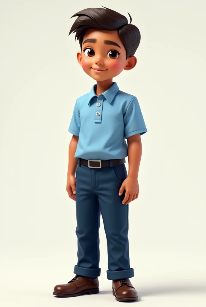 Genrate a school boy they wear a sky blue shirt and dark blue pant and school shoes and they are skin tone brown and dell
