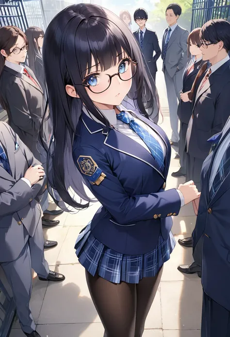 1 high school girl、Highest quality、Very detailed、High resolution illustrations、Ultra-high-definition CG、８k size wallpaper、beautiful glossy black hair、beautiful, Clear blue eyes、Glasses、Straight hair、bangs、Hime cut、Indigo blue blazer with emblem on left che...