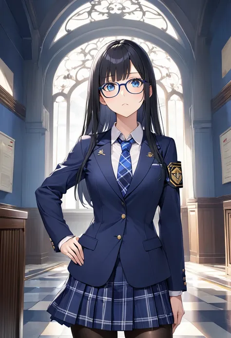 1 high school girl、Highest quality、Very detailed、High resolution illustrations、Ultra-high-definition CG、８k size wallpaper、beautiful glossy black hair、beautiful, Clear blue eyes、Glasses、Straight hair、bangs、Hime cut、Indigo blue blazer with emblem on left che...