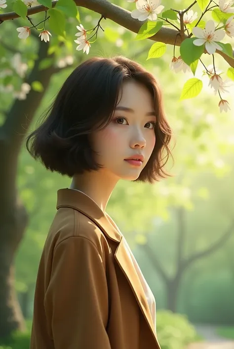 1 Asian white skin brown bob hair woman under spring tree wearing a brown jacket Beautiful 
