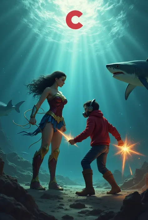 Wonder woman, big breasts, perfect body, Busty & kid Star-Lord with red hoodie, Rocket boots, headphones, star-lord helmet, gas helmet, Covered mouth, Round & red eyes, ocean floor, underwater, Fighting with Shark, power, blood, Kick, Attack, magic rings i...