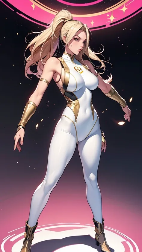 A athletic gorgeous woman, Normal breasts, Solo, White skin, Pink eyes, long blonde hair, wearing a skintight clothing army armor outfit with the colors white, black and gold, style super hero, standing, action pose, space uniform, Uniform tight to the bod...