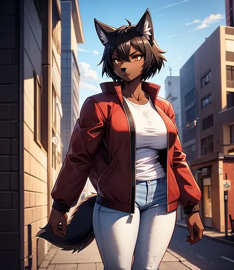 by r-mk, ((wolf)) (woman) ((brown skin)) standing straight, red cotton jacket, white t-shirt, jeans, black hair, [[serious face]...