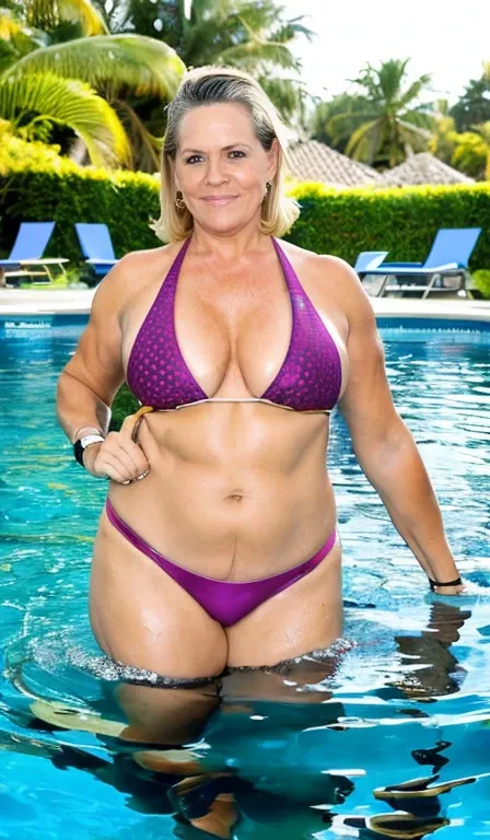 Full shot of sexy mature milf ,blonde sonia wearing a micro bikini in pool , fleshy figure,cougar lady , extremely gorgeous, thick figure, heavy physique, voluptuous, curvy, sexy figure, glowing eyes,happy charming face,