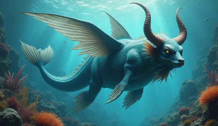 There is a creature underwater，The body of a fish，Bull&#39;s head and snake&#39;s tail，Wings growing from the ribs（best quality，4K，8k，High level，masterpiece：1.2），Ultra Detailed，（lifelike，Photo real，Photo real：1.37）